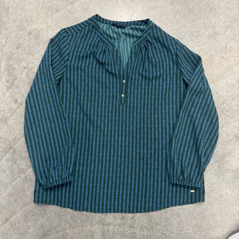 Women's Tommy Hilfiger Blouse Blue Green Chain Pattern Henley Long Sleeve Large